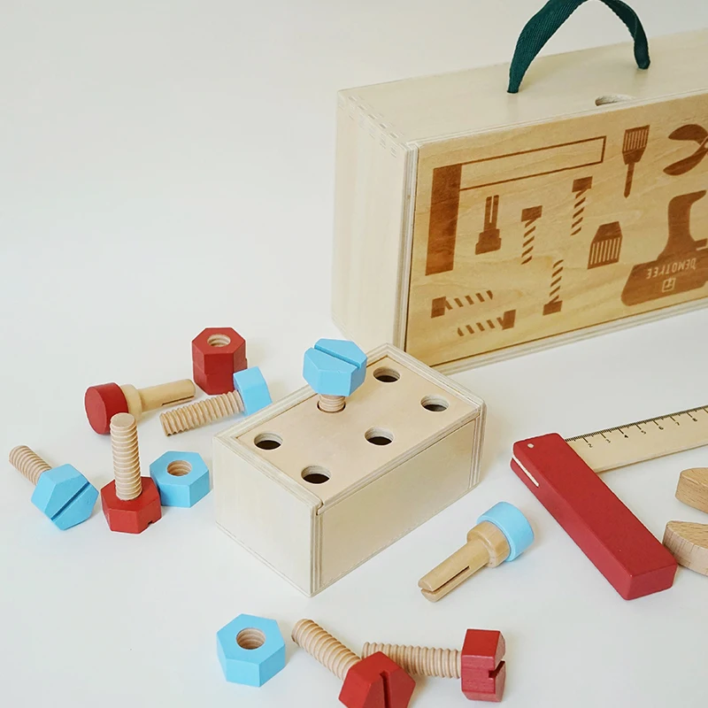 

Wooden Toolbox Pretend Play Set Montessori Children Toy For Boys Nut Disassembly Screw Assembly Simulation Repair Carpenter Tool