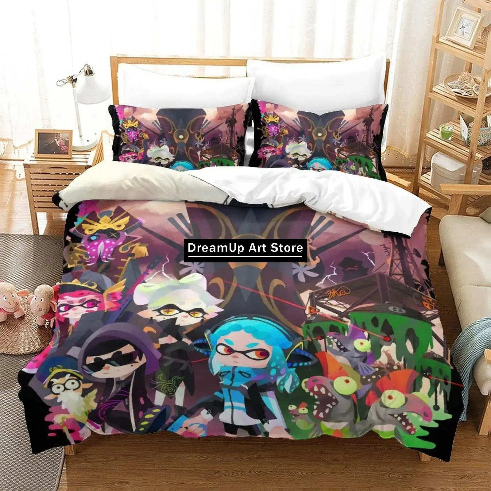 3D Print Fashion Splatoon 3 Inkling Squid Bedding Set Boys Girls Twin Queen Full Size Duvet Cover Pillowcase Bed Adult Bedroom