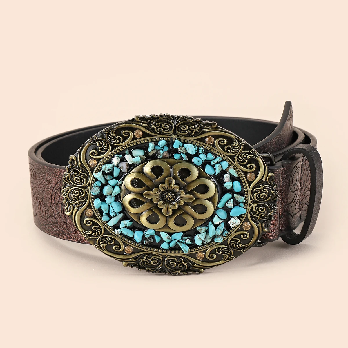 

Fashion Debossed Floral Buckle with Turquoies and Stones Western Cowboy Jeans Belts for Women