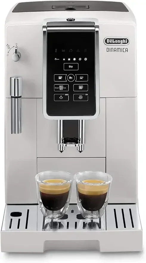 Dinamica Espresso Machine, White Automatic Bean-to-Cup Brewing, Built-In Steel Burr Grinder, Manual Frother