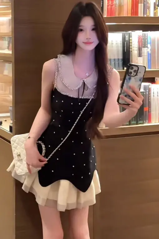 

French Black Doll Collar Sleeveless Vest Dress Summer Luxury Polka Dot Waist-Cinching Rich Aesthetic Mini Dress Women's Fashion