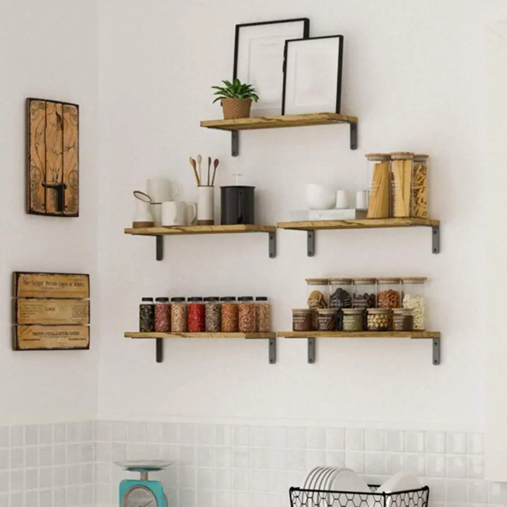 Decorative Wall Shelves 4pcs Rustic Wooden Floating Shelves Smooth Edge Wall-mounted Plant Display Simple Installation Book