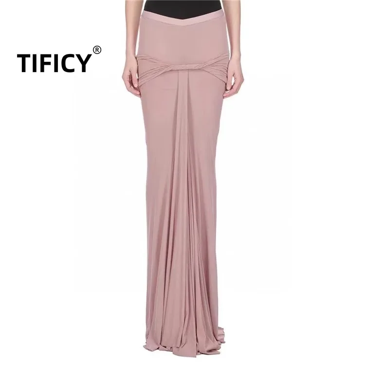 

TIFICY Dark RO Women's Elastic Wrinkle Twisted Butt Wrapping Long Skirt High Waist Pendant Length Floor Dragging Mermaid Skirt