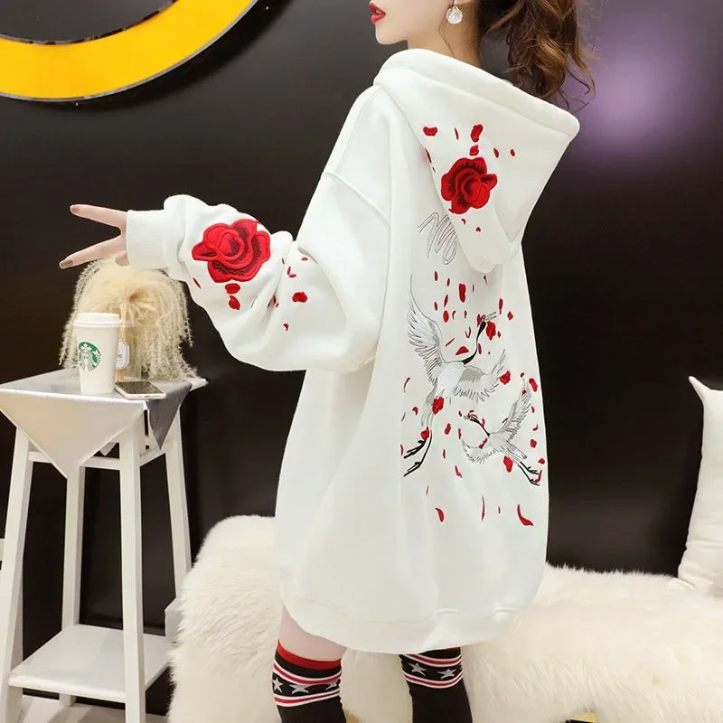 Women Hoodies Chinese Style Embroidery Sweatshirts White Crane and Flower Embroidery Hoodies Sweatshirts New Fashion East Style