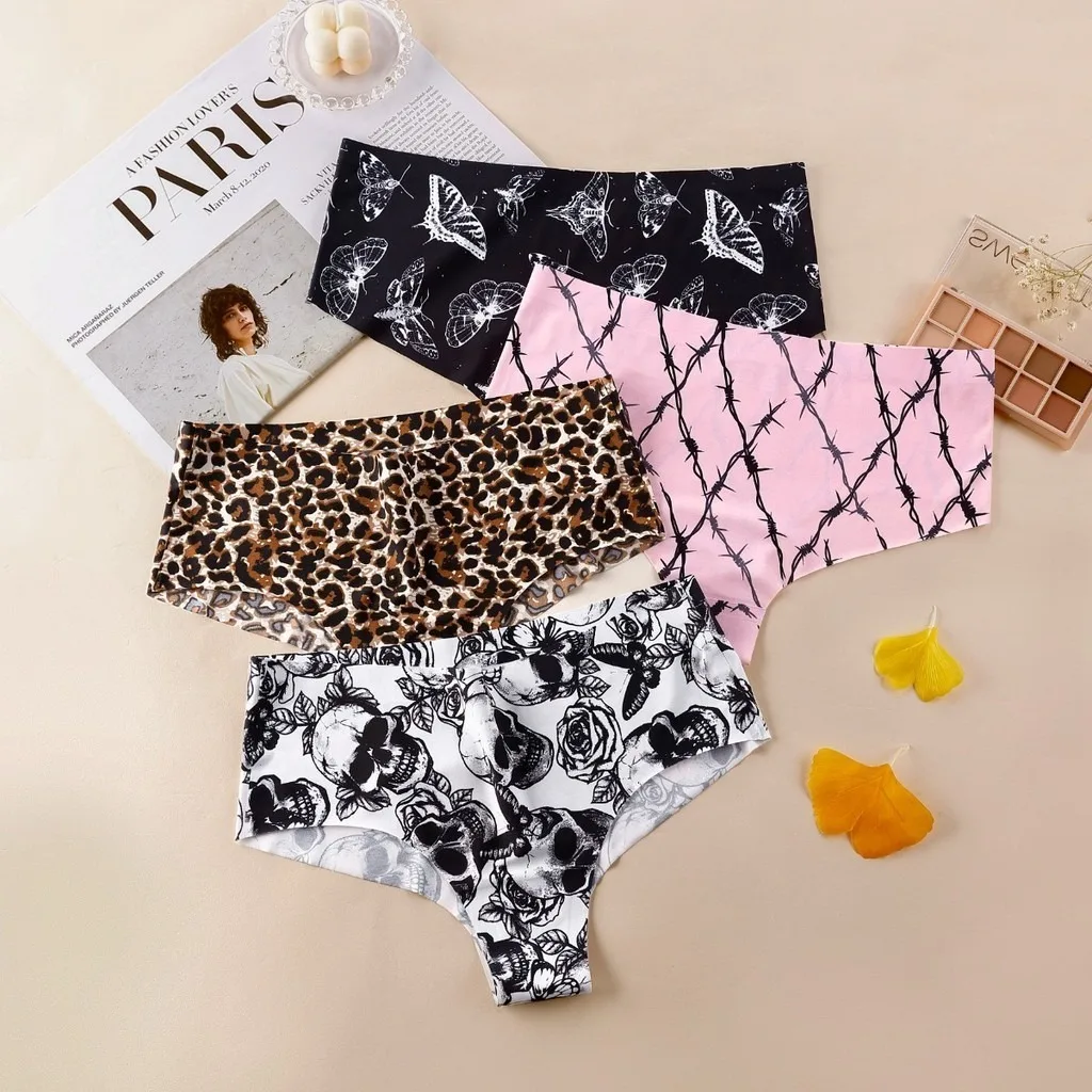 3pcs Mid Waist Panty Women Panties Seamless Underwear Set Sexy One Piece Ice Silk Print S-XL