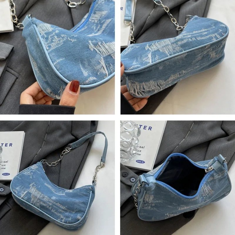 Denim Shoulder Bags Women Chic Minority Ins Korean Underarm Chain Bag All-match Vintage Hole Designer Handbag Female Ulzzang