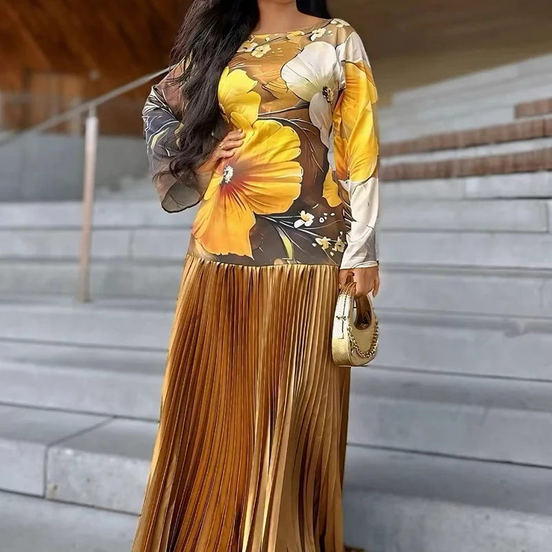 

Повседневное женское платье с длинными рукавами и круглым вырезом, с принтованным плиссированным дизайном, для отдыха на природе, весенне-летний новый стиль.