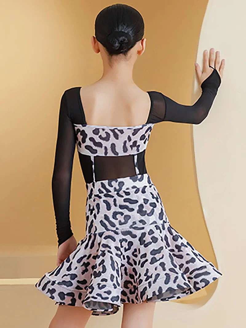 Kinder Mädchen Langarm Leopard Mesh Latin Dance Performance Walzer Wettbewerb Dancewear Kinder Body und Big Swing Röcke