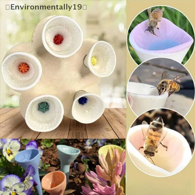 5pcs Bees Insect Drinking Cup Bee Drinking Fountain Cup Flower Shape Bees Water Feeder With Holder Beekeeping Supplies