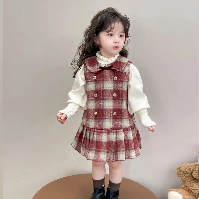 

Girls' Velvet Dress Autumn/Winter New Children's Princess Skirt Stylish Baby Woolen Vest Skirt Set