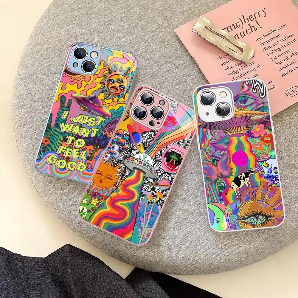 

Colourful Psychedelic Trippy Art Phone Case For iPhone 14 13 12 Mini 11 Pro XS Max X XR 14 Plus Tempered Glass Cover