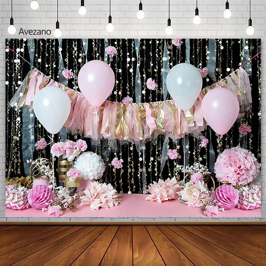 

Avezano Pink Flowers Photography Backdground Balloon Newborn 1st Birthday Portrait Decor Cake Smash Backdrops Photo Studio Props