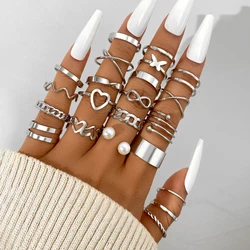 Vintage Hollow Heart Butterfly Rings Set For Women Metal Silver Color Geometric Spiral Shape Ring 22pcs Set 2024 Trendy Jewelry