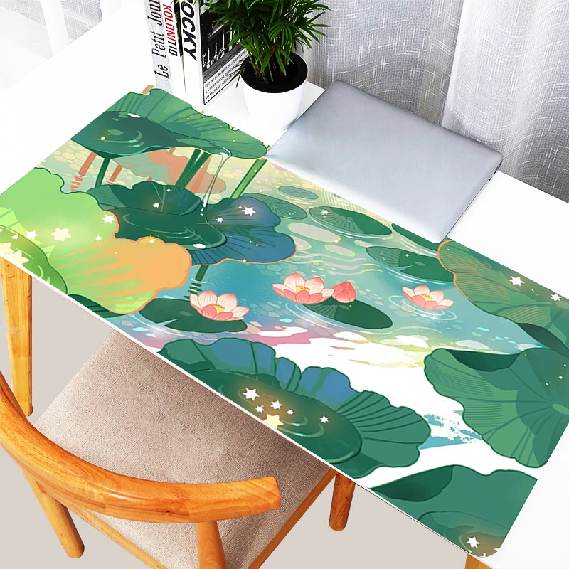 Green Plants Mouse Pad PC Kawaii White Flowers Keyboard Rug XXL Gaming Accessories Desk Mat Laptop