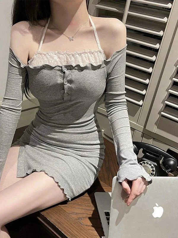 

Sexy Cute Girl Lace Knit Patchwork Neck Hanging Dress For Women's Spring Autumn New Long Sleeved Patchwork Buttocks Dresses ZRJ8