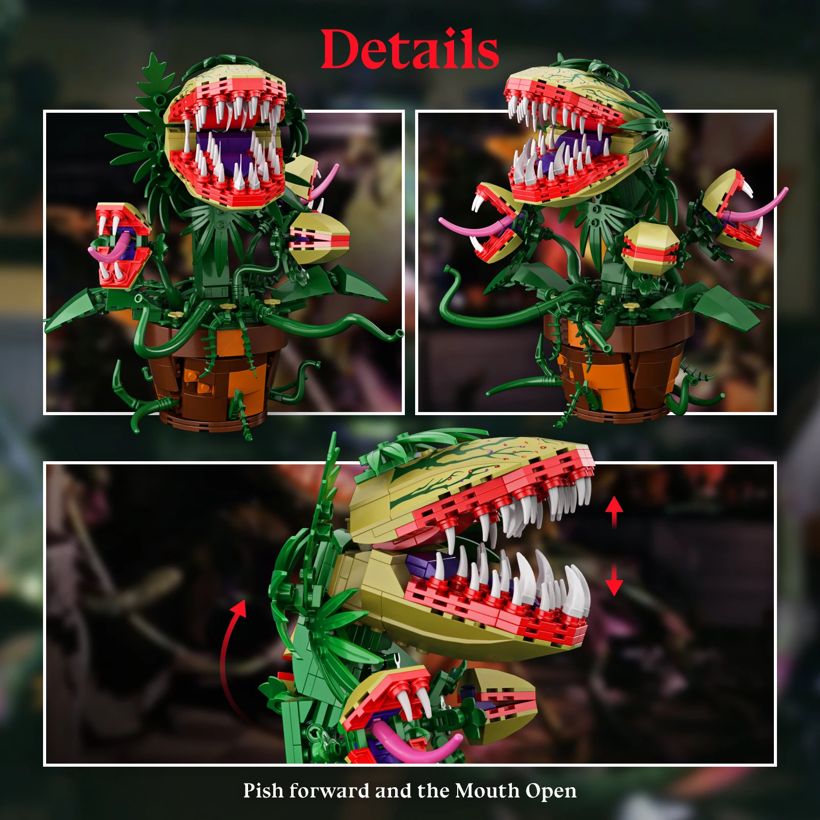 Audrey II Piranha พืชดอกไม้บล็อกอาคาร 4 เปิดปาก, horrors Shop Cannibal อิฐของเล่นของขวัญฮาโลวีนสําหรับเด็ก