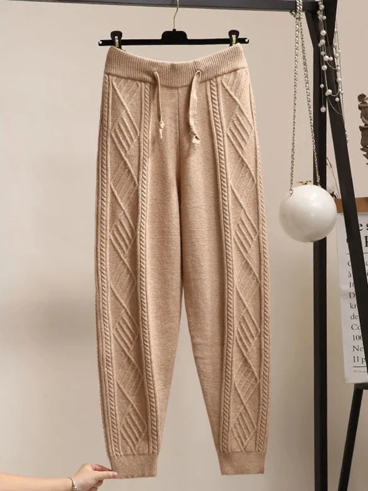 2023 Korean Winter Warm Ankle-length Knitted Sweatpants Women\'s New Solid Color High Waist Thicken Drawstring Twist Harem Pants