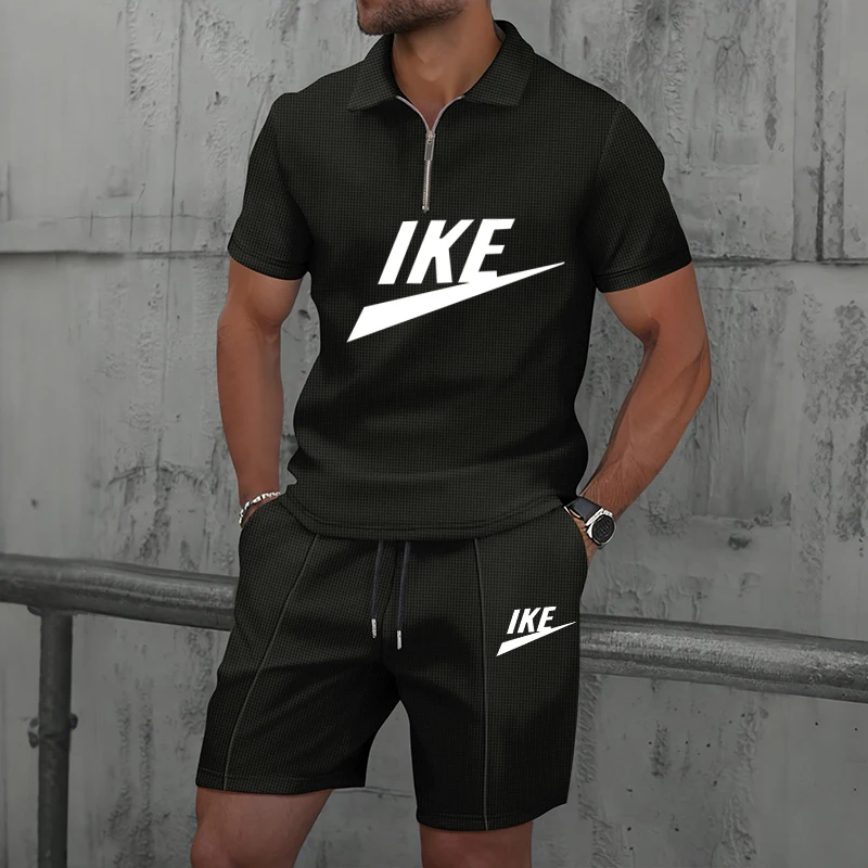 

2025 New European and American men's Summer casual cotton and linen zipper lapel short-sleeved shirt + jogging sports shorts 2-p