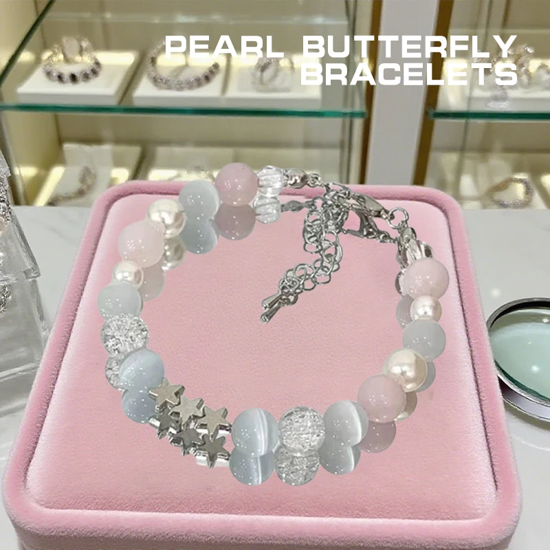 Crystal Butterfly Pendant Elastic Bracelet Colorful Glass Beads Bracelet For Women Girls Fashion Jewelry Gifts