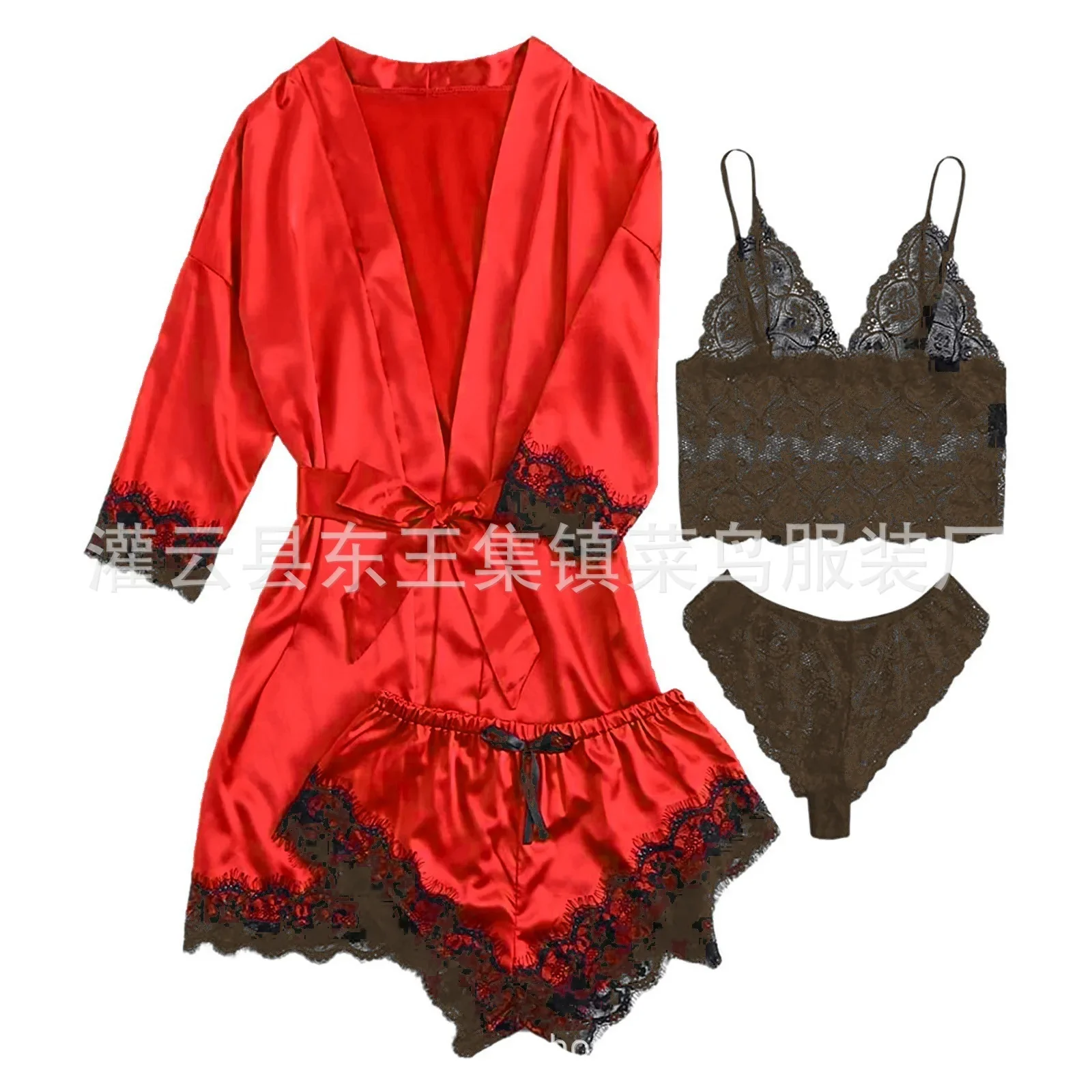 New 4pcs/set Home Clothes Fashion Robe Sleep Women Pajamas Skirt Nightwear Lace Satin with Silk Sleepwear Robe Sexy Pajama Pants