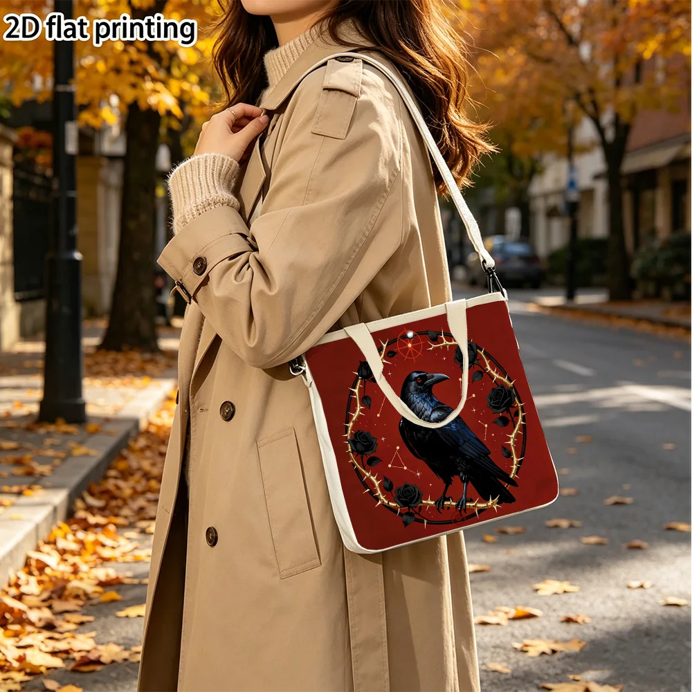 Crows and roses Double-Sided Printed Canvas Tote Purse Removable Crossbody Strap Women Handbag for Outdoor Trips