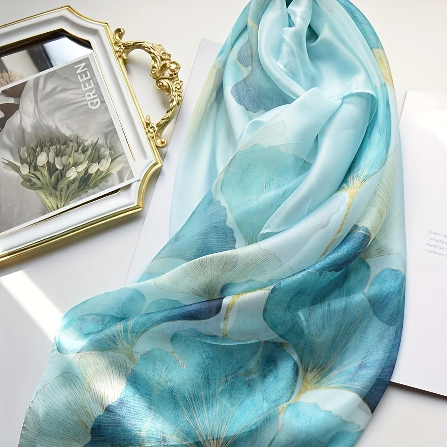 

100% Mulberry, Blue Ginkgo Leaf Scarf, High-end Romantic and Elegant