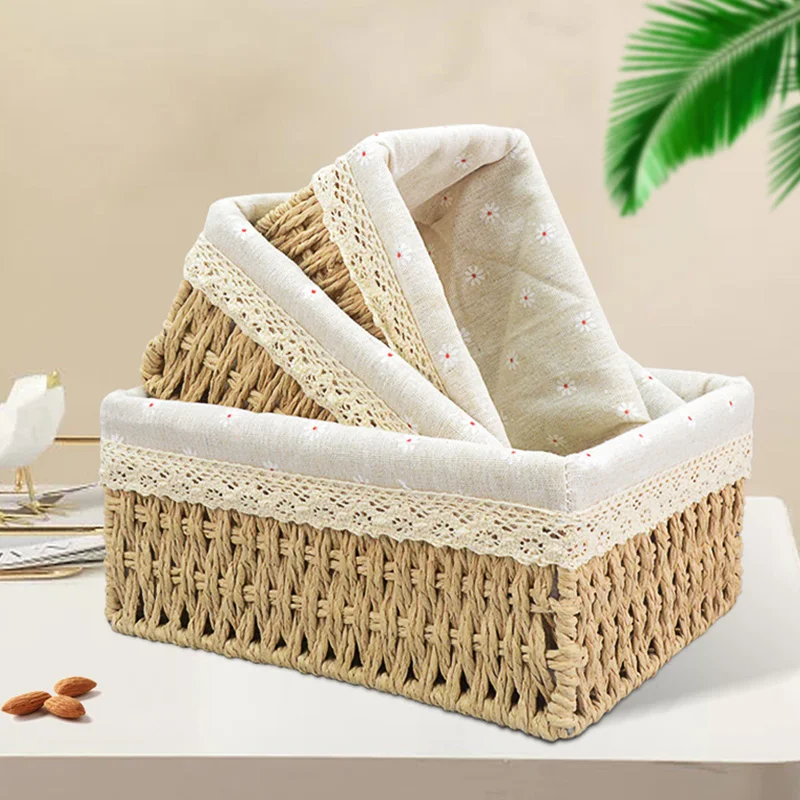 Handmade Rattan Sundries Storage Basket Pastoral Printed Fabric Dirty Clothes Baskets Table Snacks Toy Cosmetics Organizer Decor