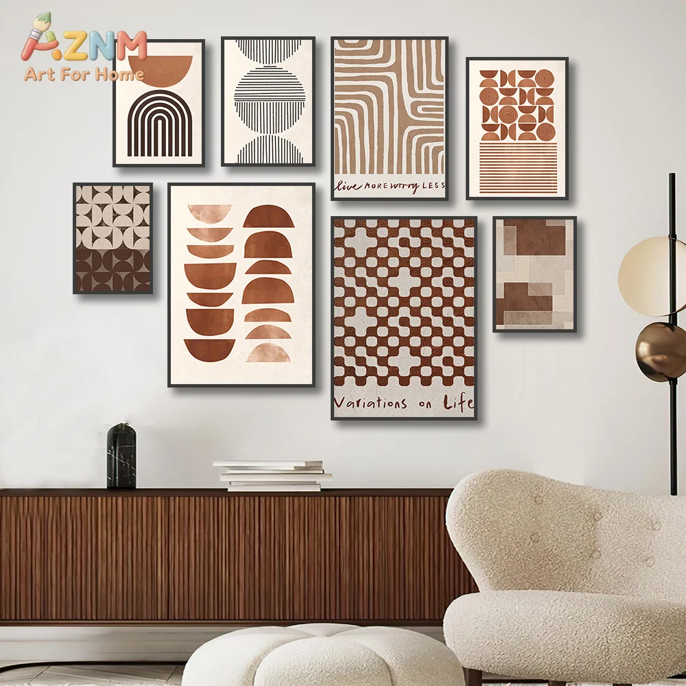 AZNM Boho Terracotta Abstract Geometric Canvas Wall Art Print, Mid Century Arch Line Shape Neutral Minimalist Living Room Aesthe