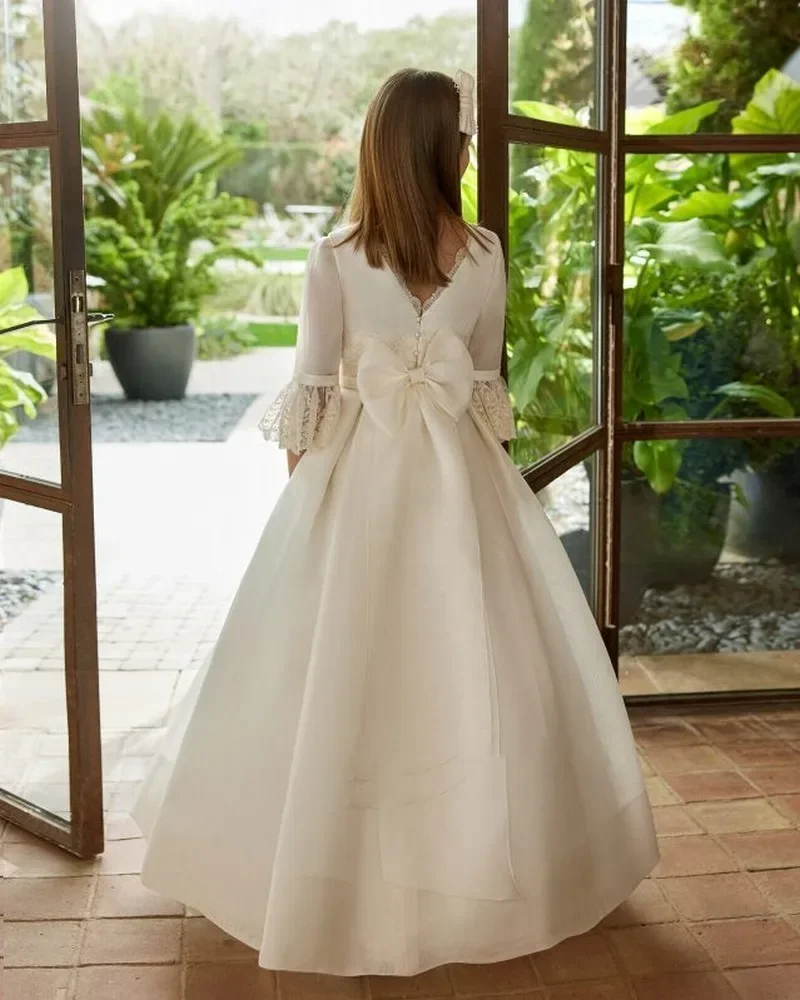 Lace Satin Flower Girl Dresses Elegant O-Neck First Communion Wedding Party Formal Occasion Customized Clothing