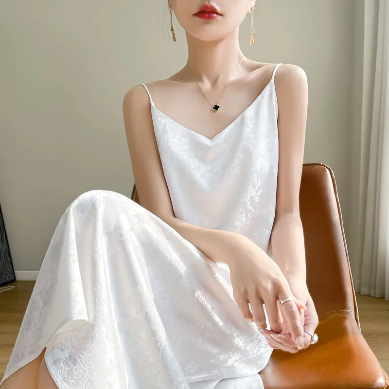 Vestidos de tirantes de tela sedosa, vestido largo sin mangas para mujer, vestido sencillo transpirable elegante con temperamento para vacaciones, vestido deslizante para mujer