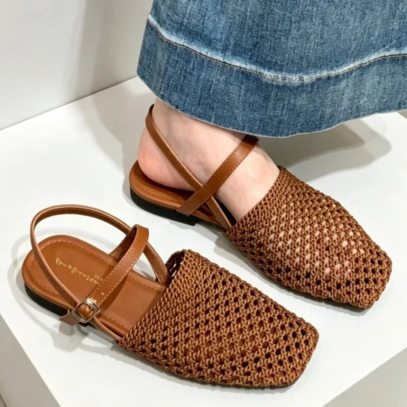 Novelty Hollow Braided Cage Flat Sandals Women Square Toe Ankle Strap Buckle Casual Shoes Comfortable Soft Soled Beach Sandals