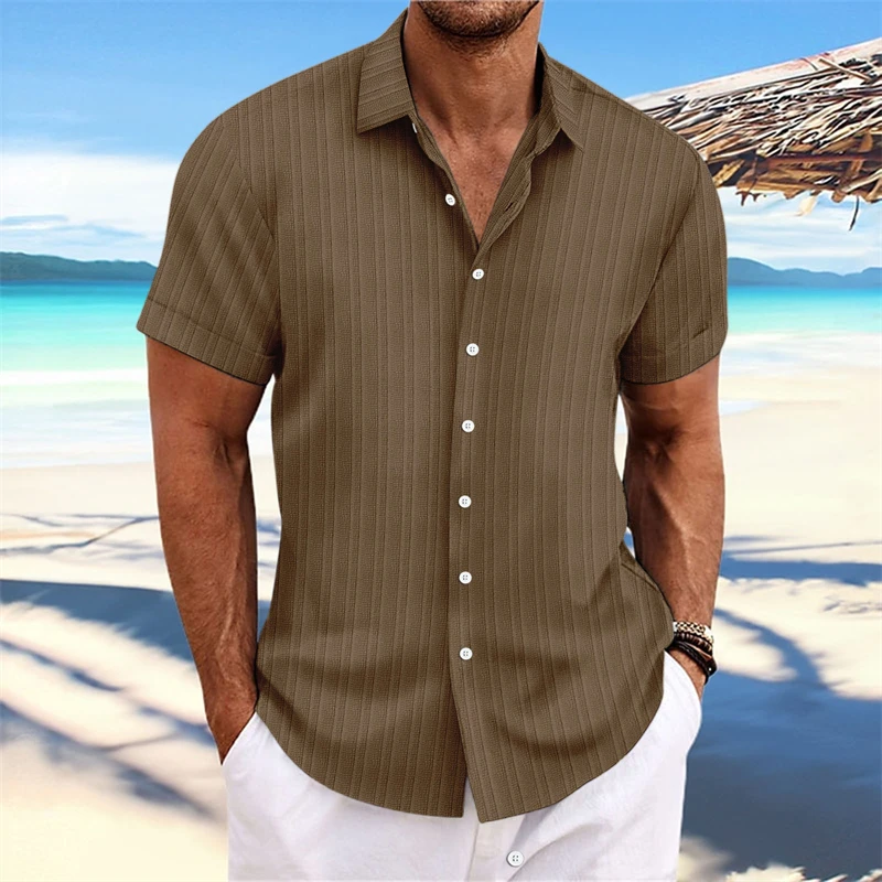 Summer New Men\'s Cotton And Linen Striped Jacquard Shirt Casual Comfortable  Short-Sleeved Shirt Solid color fashion short