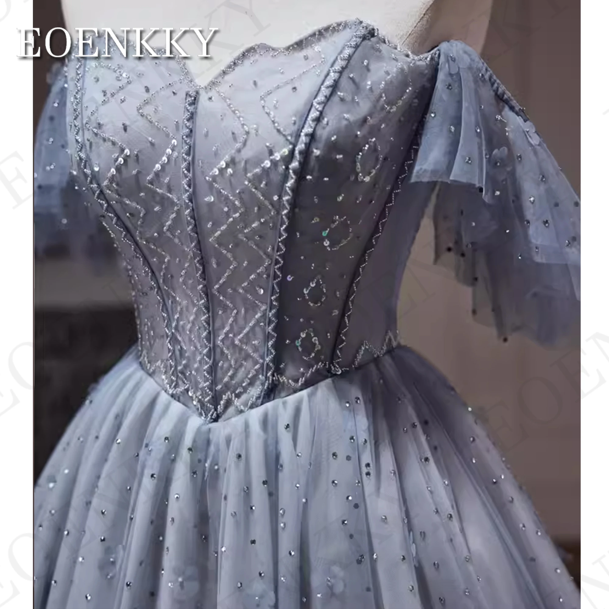 Luxury Mini Rhinestone Prom Dresses Blue Off The Shoulder Tulle Beading Birthday Banquet Dress فستان سهره A Line V Neck Short