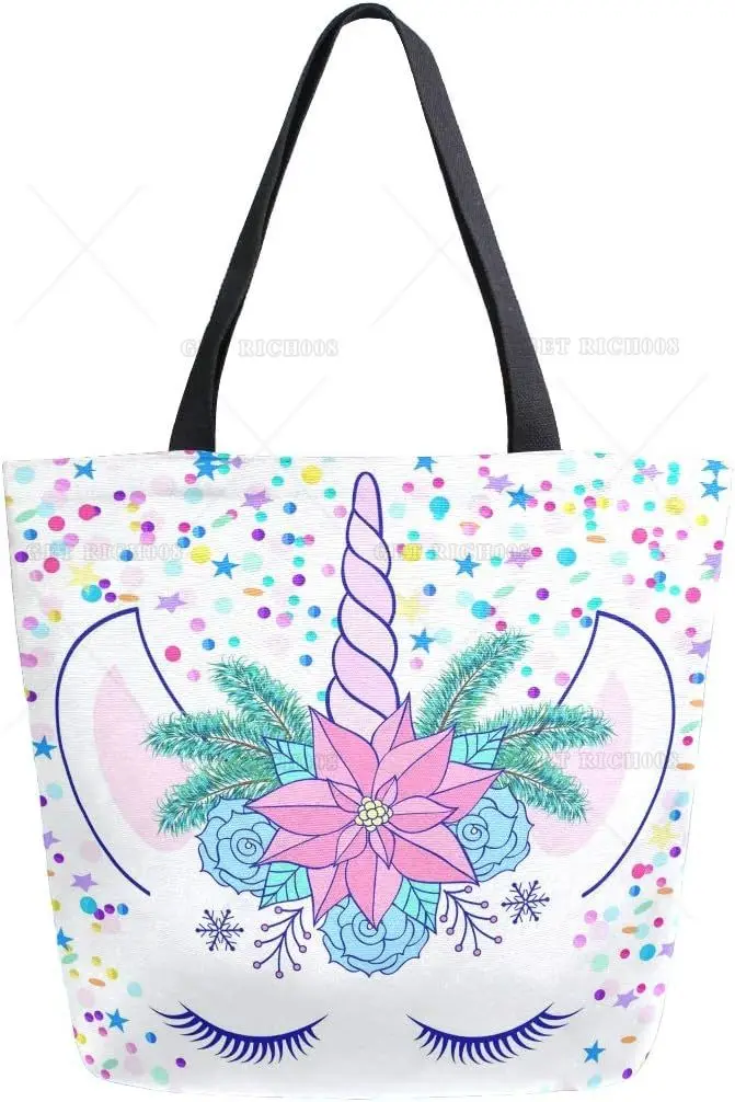 Dream Floral Unicorn Canvas Tote Bag Large Women Casual Shoulder Bag Handbag Reusable Multipurpose Shopping Grocery