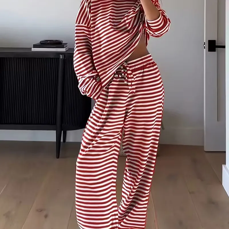 New Spring Autumn Casual Stripe Loose Pants Sets Women Design Sense Pullover Long Sleeve T-shirt Trousers Two Piece Set Female