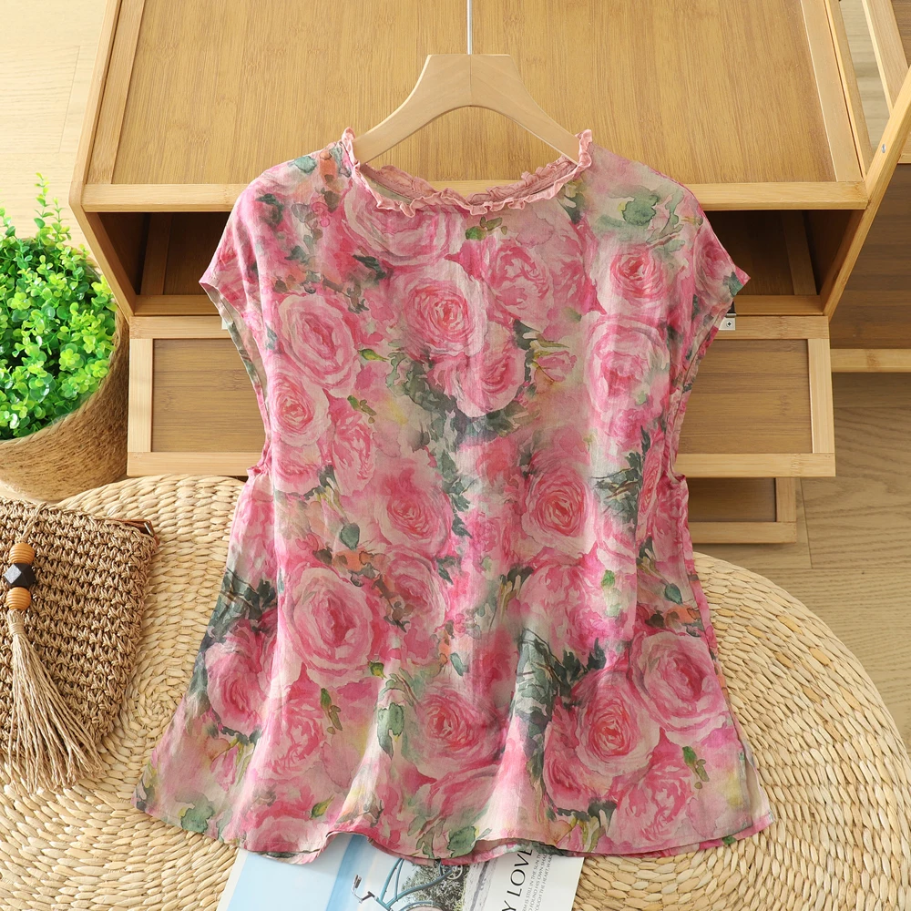 

Утягивающий крой, летний хлопковый лиоцелвый круглый свободный тонкий женский повседневный топ с цветочным принтом, удобный дышащий топ