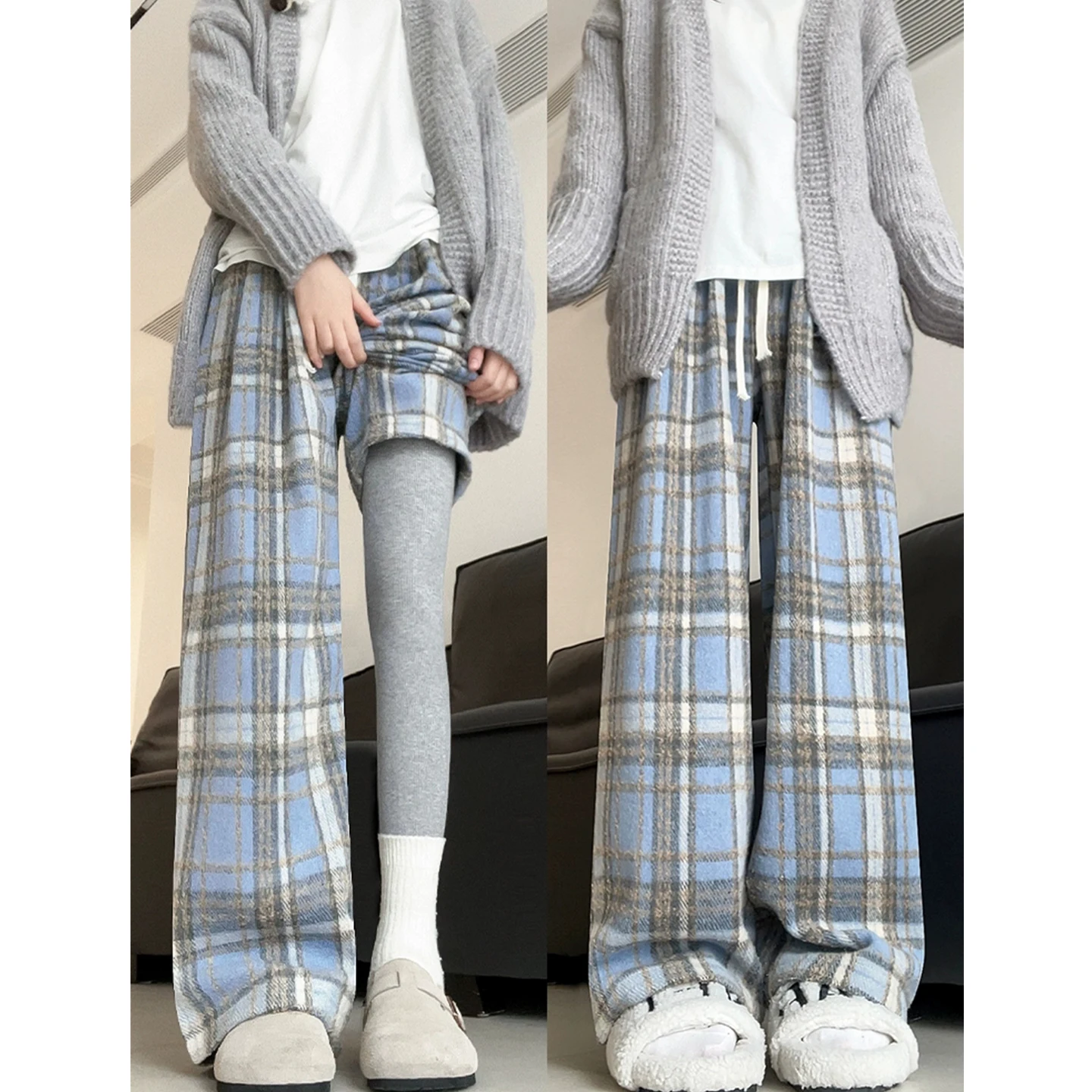 Blue Woolen Plaid Pants Women's Autumn Winter Thickened Fleece Large Size Flattering Loose BF Lazy Style Wide Leg Trousers