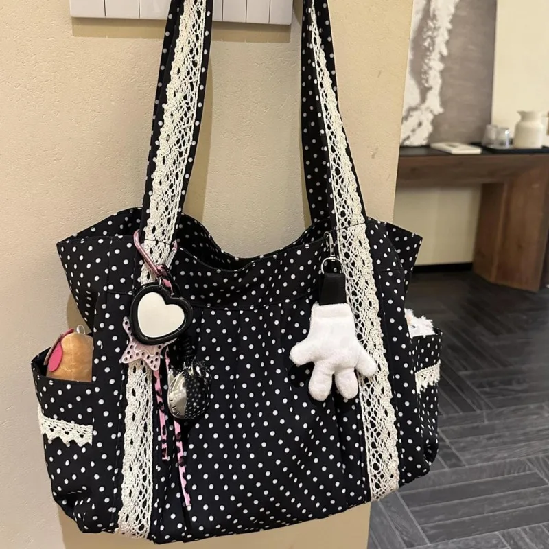 

Lace Canvas Korean Style Shoulder Bag Polka Dot Casual Handbags Hasp Design Large Capacity Tote Bag Commute Underarm Bag Women