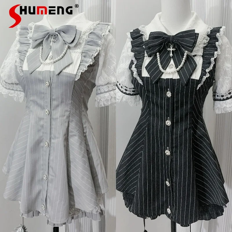 

Japanese Lolita Original Design Mass-produced Mine Series Set Short-sleeved Top and Shorts Suit Bow Lace Stripe Slim-fit Outfits