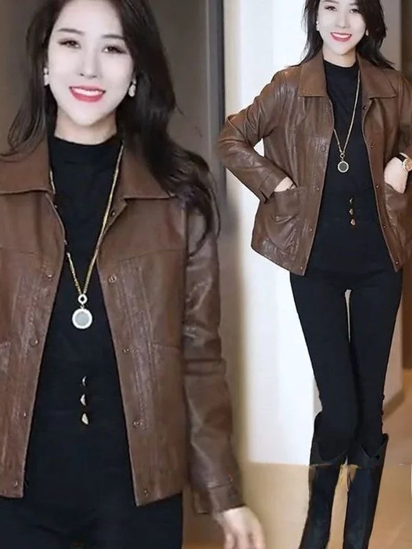 معطف Bla Leather Jaet النسائي ort Sle Retro Hong Kong Faion فضفاض من جلد البولي يوريثان للتنقل العادي Sve طويل...