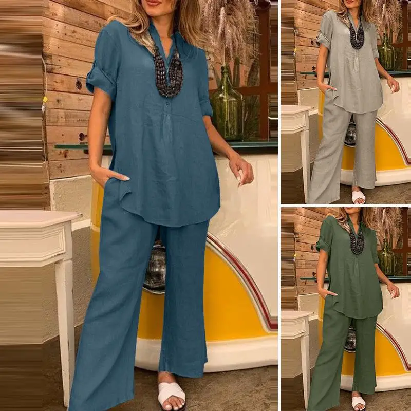 Summer Women Two Piece Sets Shirt V Neck Buttons Solid Colour Blouses Wide Leg Straight Pants Suit 2024 Casual Loose Ensemble