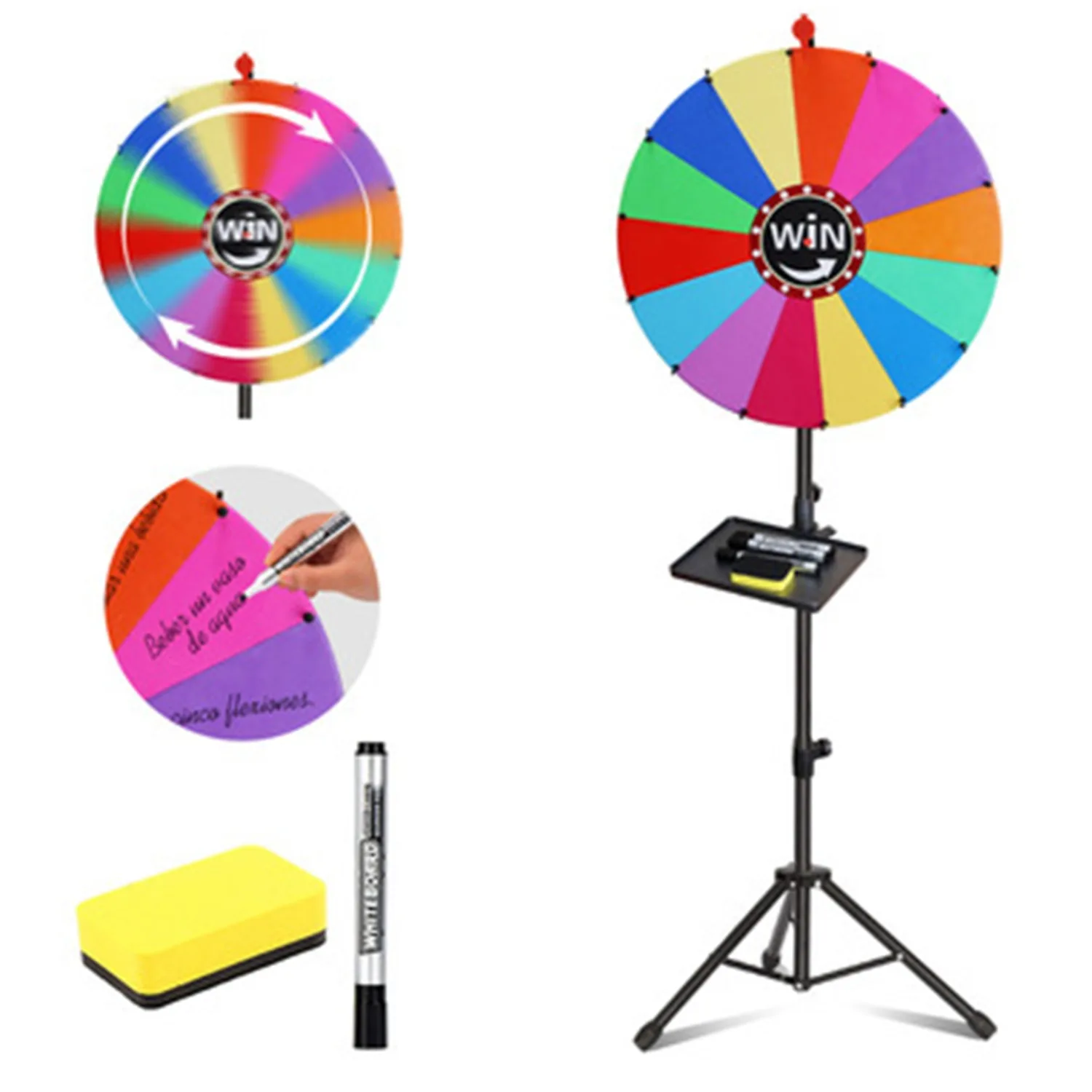 Roue rotative à 14 positions avec support réglable en hauteur, roue de roulette avec lettrage effaçable à sec et sac de rangement, gagnez aux jeux de hasard lors de fêtes, pubs, foires et carnavals