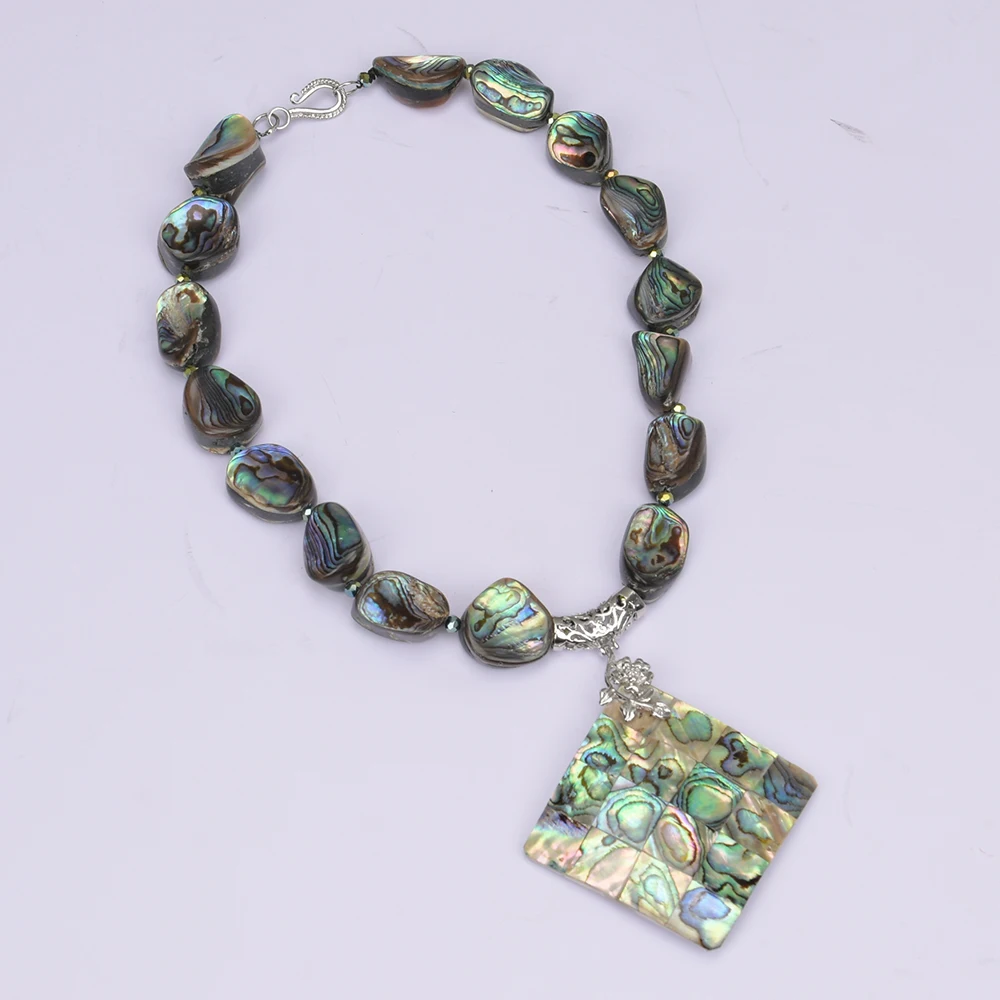 G-G Natural Mix Color Green Paua Abalone Shell Nugget Chunk Necklace Abalone shell Square Slice Pendant