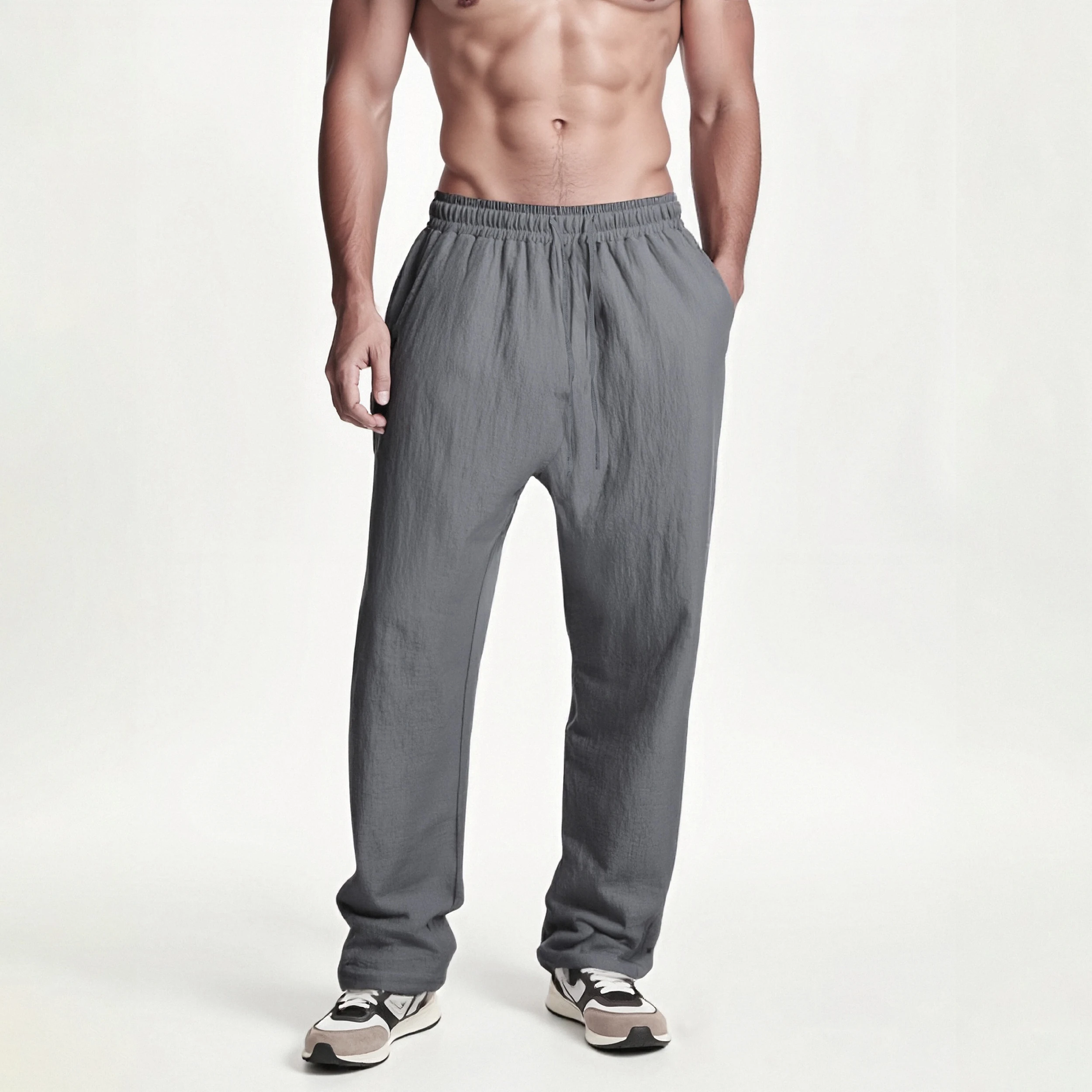 Men's summer solid color cotton and linen lace-up trousers with pockets fashionable and versatile casual men's trousers