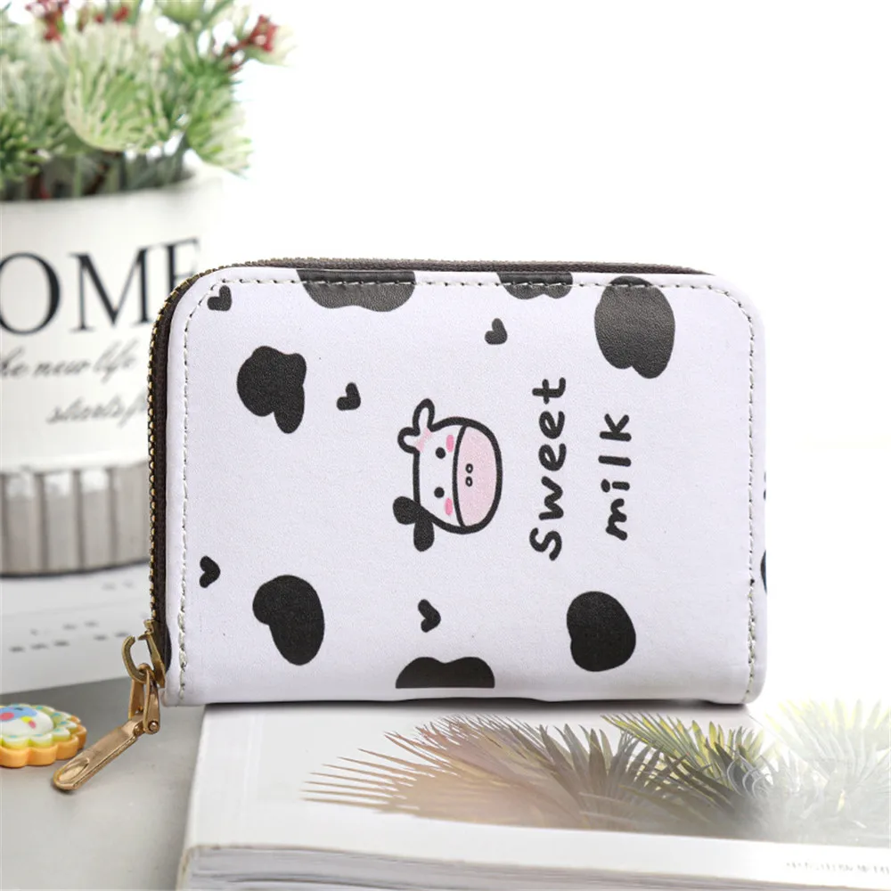 Fashion Short Wallet Credit Card Holder Women Cute Print Cartoon Cow Bear Leather Zipper Coin Purse Girl Students Mini Money Bag