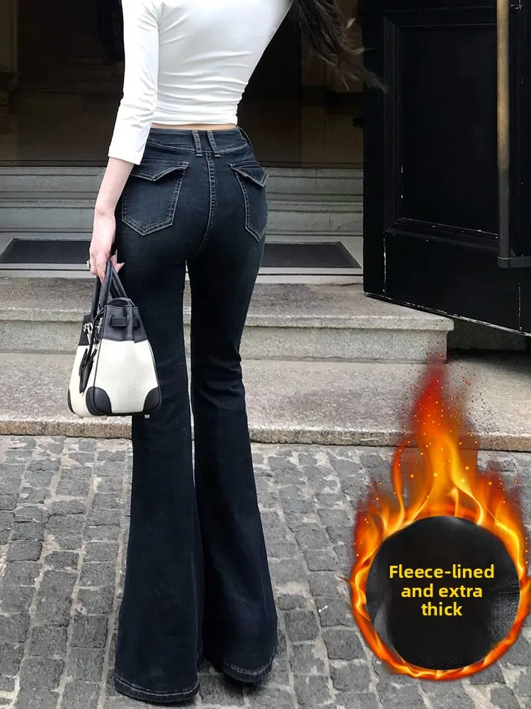 

Thiened Fce Autumn Winter Denim Pants Women's High Waist Slimming Bell Bot Vintage Sle Warm Bootcut Trousers