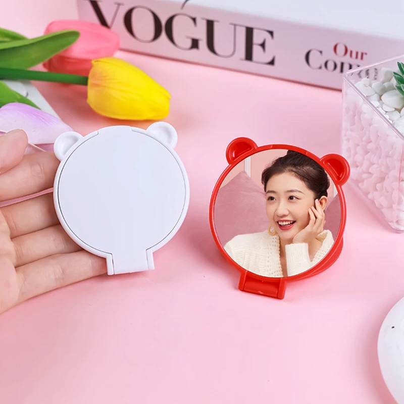 الكرتون الدببة آذان عمودي HD مرآة لوضع مساحيق التجميل المحمولة طوي عمودي ثنائي الاستخدام سطح المكتب مرآة الطلاب مقبض مرآة ماكياج #4