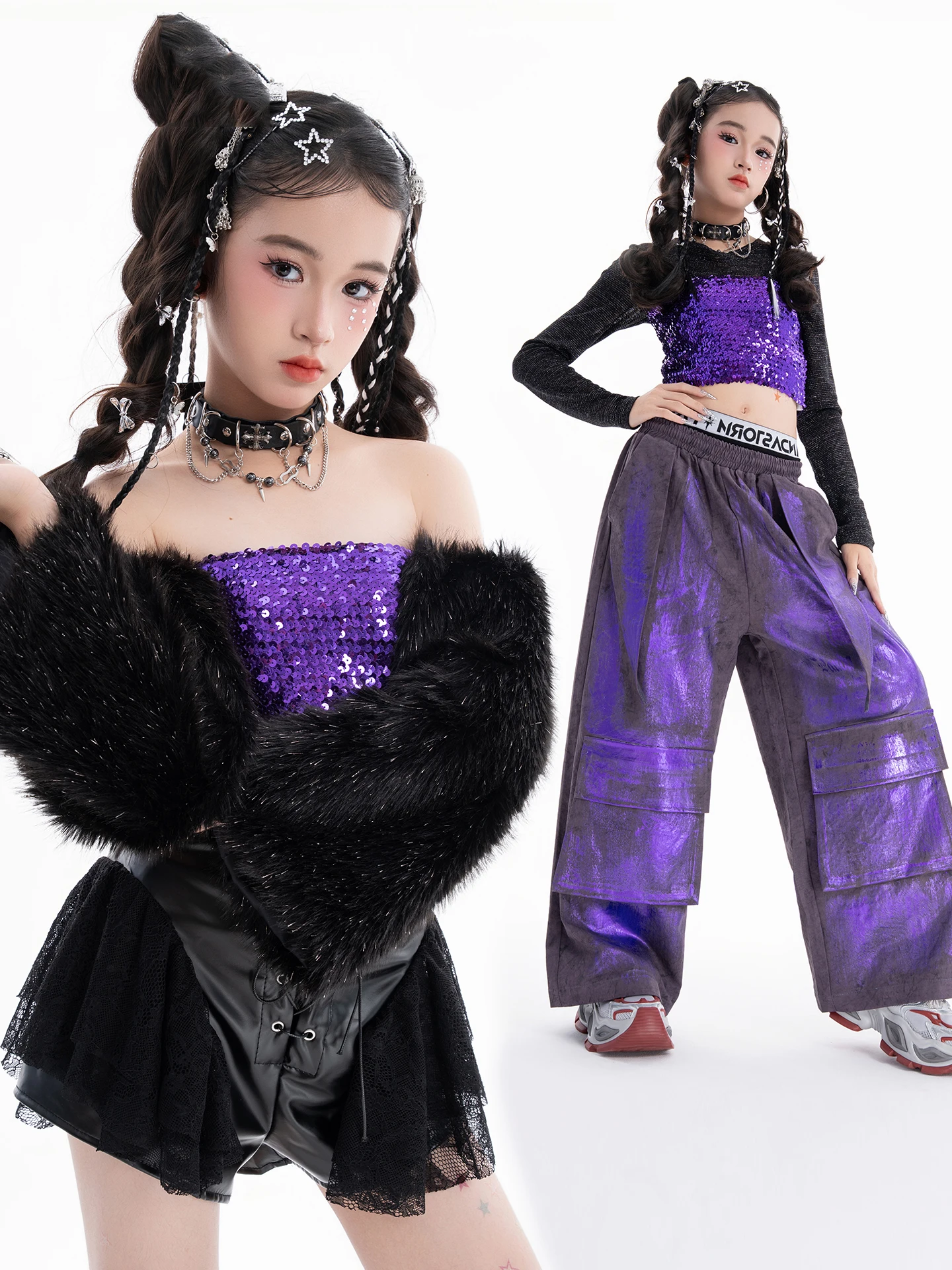 

2025 детский фиолетовый жилет с блестками, свободные брюки, уличная одежда для девочек, танцевальные костюмы в стиле хип-хоп, сценическая одежда для джазовых выступлений XH3730