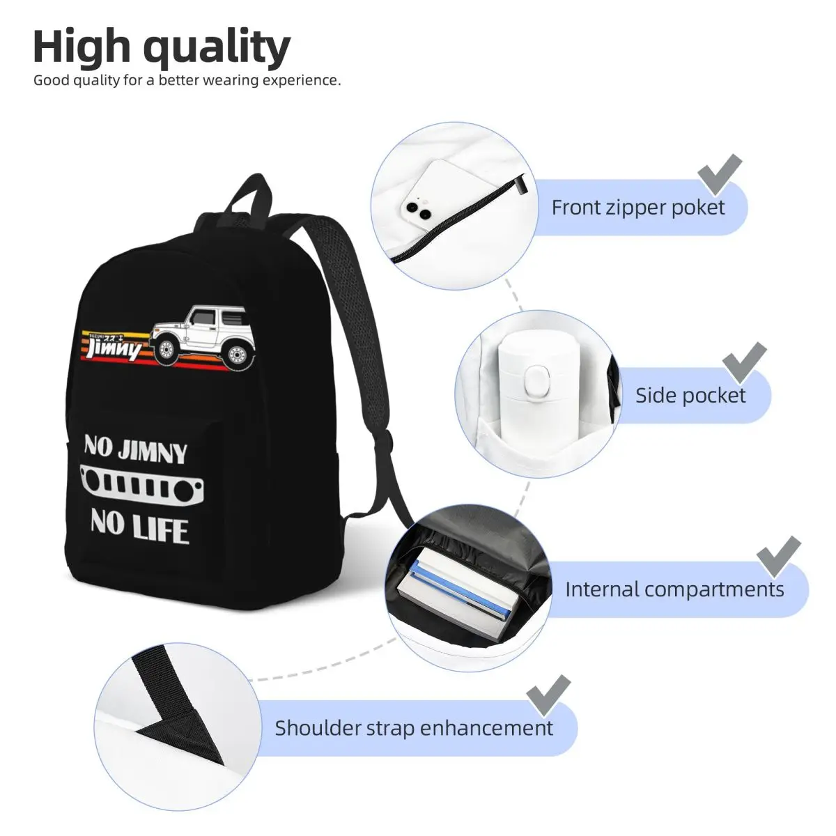 Jimny White Car Backpack for Men Women Teenage Student Work Daypack Laptop Computer Shoulder Bag with Pocket