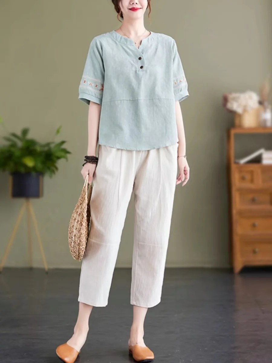 

New Summer Cotton Linen Set Loose Large Size ort Sve Traditional Chinese Sle Light National Trend Top for Middle-Aged ...